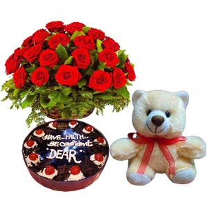(44) Black Forest Cake W/ 2 Dozen Red Roses & bear