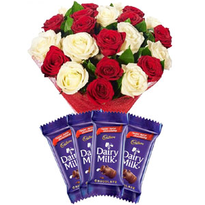 2 dozen white and red roses mix W/Chocolate