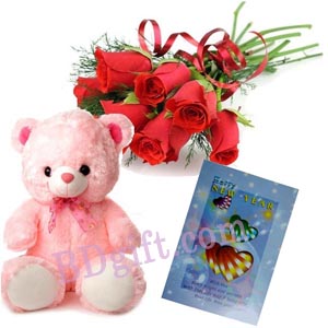 Red Roses W/ Teddy bear & New Year Card