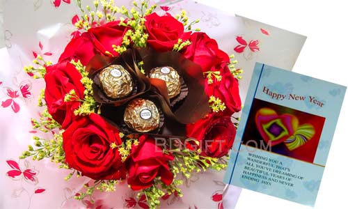 Red rose W/ Ferrero Rocher chocolate Bouquet & New Year Card