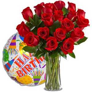 (01) 18 pcs Red Roses in vase W/Birthday Mylar Balloon