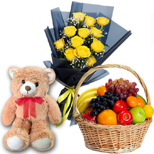 (55) Fruit Basket W/ 1 dz Yellow Roses & Teddy Bear