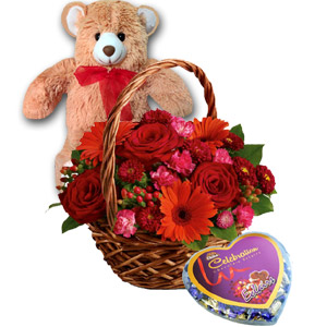 (57) Flower Basket W/ Teddy Bear & Chocolate
