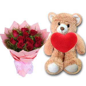 (26) Teddy Bear w/ 1 dz red roses & red heart