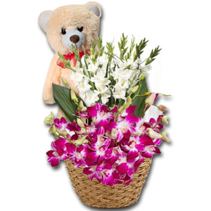 (17) Flower Basket W/ Teddy Bear