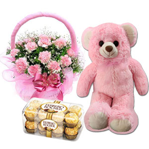 (26) Teddy Bear W/ Carnation Basket & Ferrero Rocher Chocolate