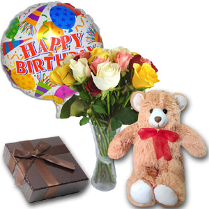 (17) 1 dz mix roses in vase with teddy bear & chocolate 
