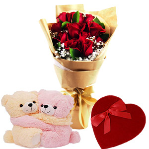 (12) Red Roses, Chocolate & Pair Bear
