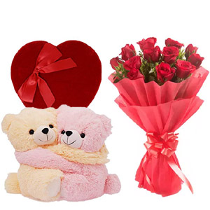 (35) 1 Dozen red roses W/ Twin bear & Chocolate