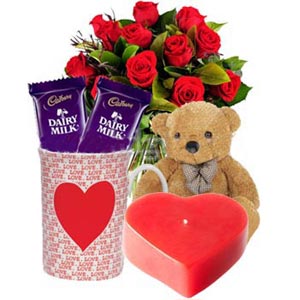 Roses W/Teddy Bear, Love candle,Love Mug & Chocolate