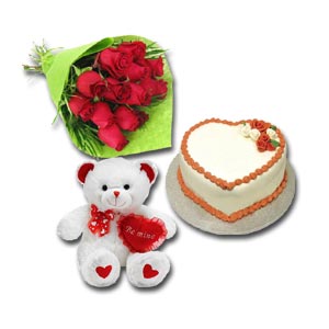 Cake w/ Roses & Teddy Bear with text Be Mine