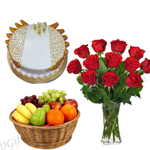 (13) Fruit Basket W/ Cake  & Flower