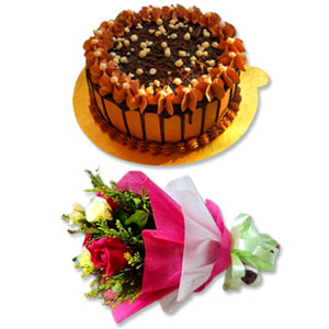  Chocolate Round Cake W/ Mixed Roses