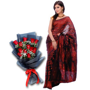 (23) Jamdani Silk Sharee W/ 1 dz red roses in Bouquet
