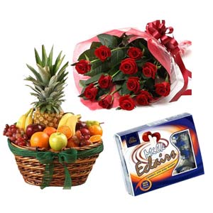 Fruit Basket W/ 1 dz Red Roses & Chocolate