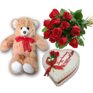 (11) Teddy Bear w/ red heart, 1 dz red roses & Cake