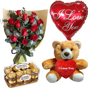 Roses W/ Ferrero Rocher chocolate, Love balloon & Bear