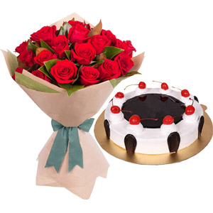 (52) Black Forest Cake W/ 2 Dozen Red Roses 