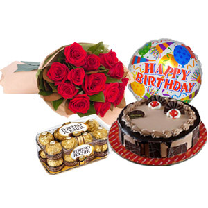Red Roses W/ Cake & Birthday balloon & Ferrero Rocher Chocolate