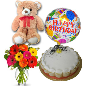 (36) Cake W/ Bday Balloon, Gerberas in vase & Bear