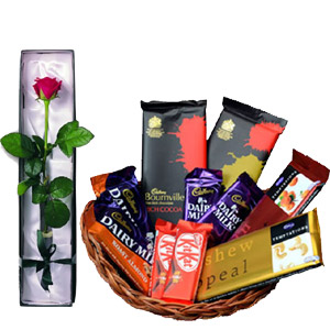 Assorted Choco Lover Basket W/ 1 Piece Red Rose in a box