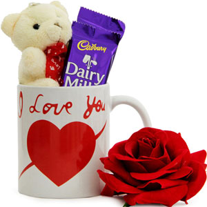 Love Mug W/small bear,Dairy milk chocolate & 1pcs red Rose in a bouquet.