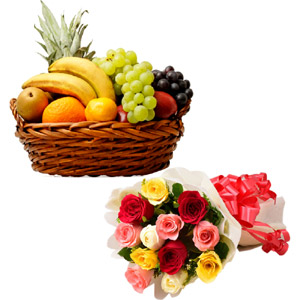 Fruit basket W/ Mixed roses