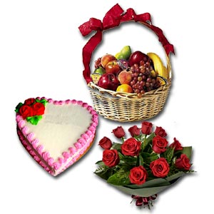 Fruit Basket W/ Cake & Roses