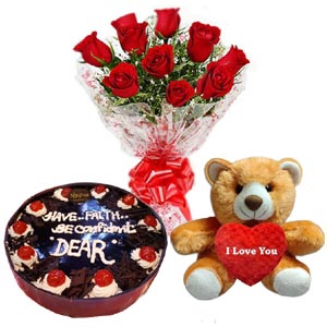 Tasty treat- 2.2 pounds Black Forest Cake W/ Red Roses & Love Bear