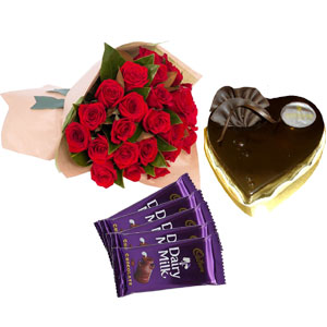 (10) Cake W/ 1 dz red roses & Chocolates