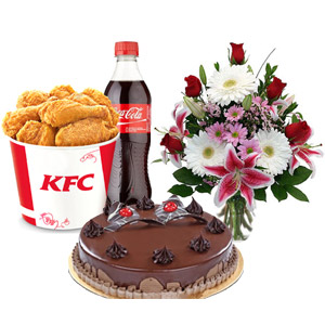 Cake W/ KFC- 8 Pcs Chicken W/ Pepsi & mixed  flower in vase