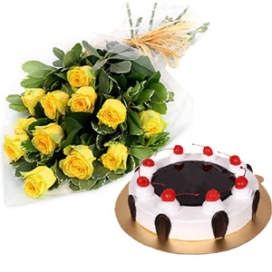 (45) 1 Dozen Yellow Roses W/ Black Forest Cake