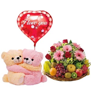 (73) Fruit Basket W/ Flowers, Twin bear & Love Balloon