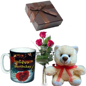 3 Pcs Red Roses in vase w/ Bear, Chocolate & Birthday Mug