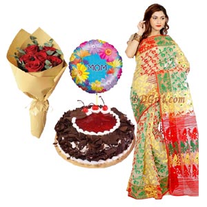 (80) Jamdani sharee W/ Mr. Baker - black forest cake, Rose & Balloon 