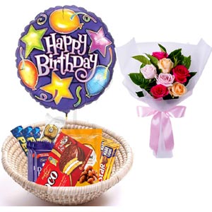 (19) Chocolates basket W/ Mixed Roses & Birthday Balloon