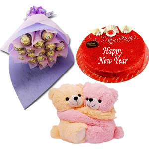 (12) Chocolate bouquet W/ cake & twin teddy