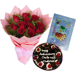 Red Roses W/ Black Forest Cake & New Year Card