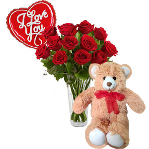 (36) Roses in vase W/ Bear & Love Balloon
