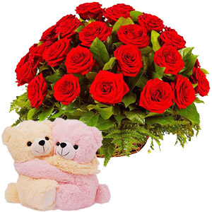 (28) 2 dozen red roses in basket W/ Pair Bear