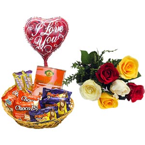 Chocolates basket W/ Mixed Roses & Love Balloon