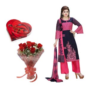 China Lilen Silk Salwar Kameez W/  Chocolate & 12 Pieces Red Rose