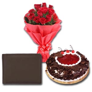 Mr. Baker - Half kg Black Forest Cake W/ Wallet & 12 Pcs Red Roses