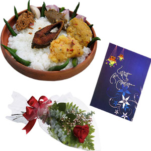 Panta ilish W/ red rose & card for 1 person