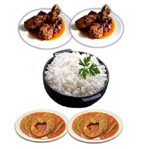 (28) Chicken jhal fry W/Steamed Rice & fish for 2 person
