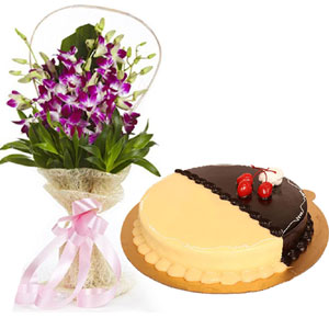 Swiss Round Cake W/ Orchid in Bouquet