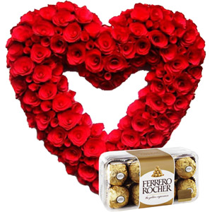 (005) Heart Shaped Red Roses W/Ferrero Rocher Chocolates