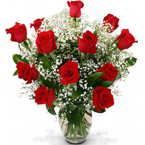 (16) 1 dozen red roses in a vase