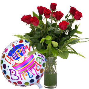 (34) Roses in Vase W/ Birthday Balloon 