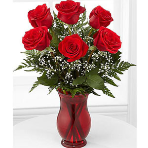 (07) 6 pcs red roses in a glass vase
